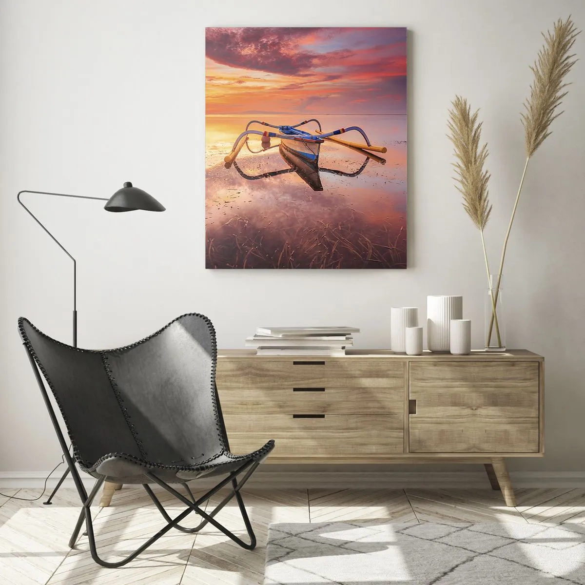 Cuadro sobre vidrio - Impresiones sobre Vidrio - Barco tradicional en aguas tranquilas al atardecer - 50x70cm - Calma de una tarde tropical - Decoración de pared moderna para salón y dormitorio ARTTOR