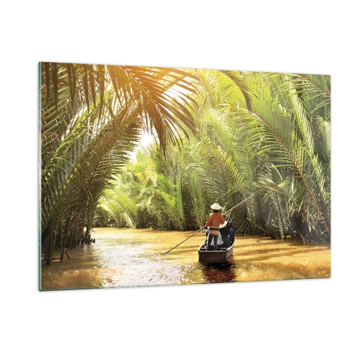 Cuadro sobre vidrio - Impresiones sobre Vidrio - Un barco con un hombre remando navega a través de un desfiladero bordeado de palmeras. - 120x80cm - En un túnel de palmeras - Decoración de pared moderna para salón y dormitorio ARTTOR