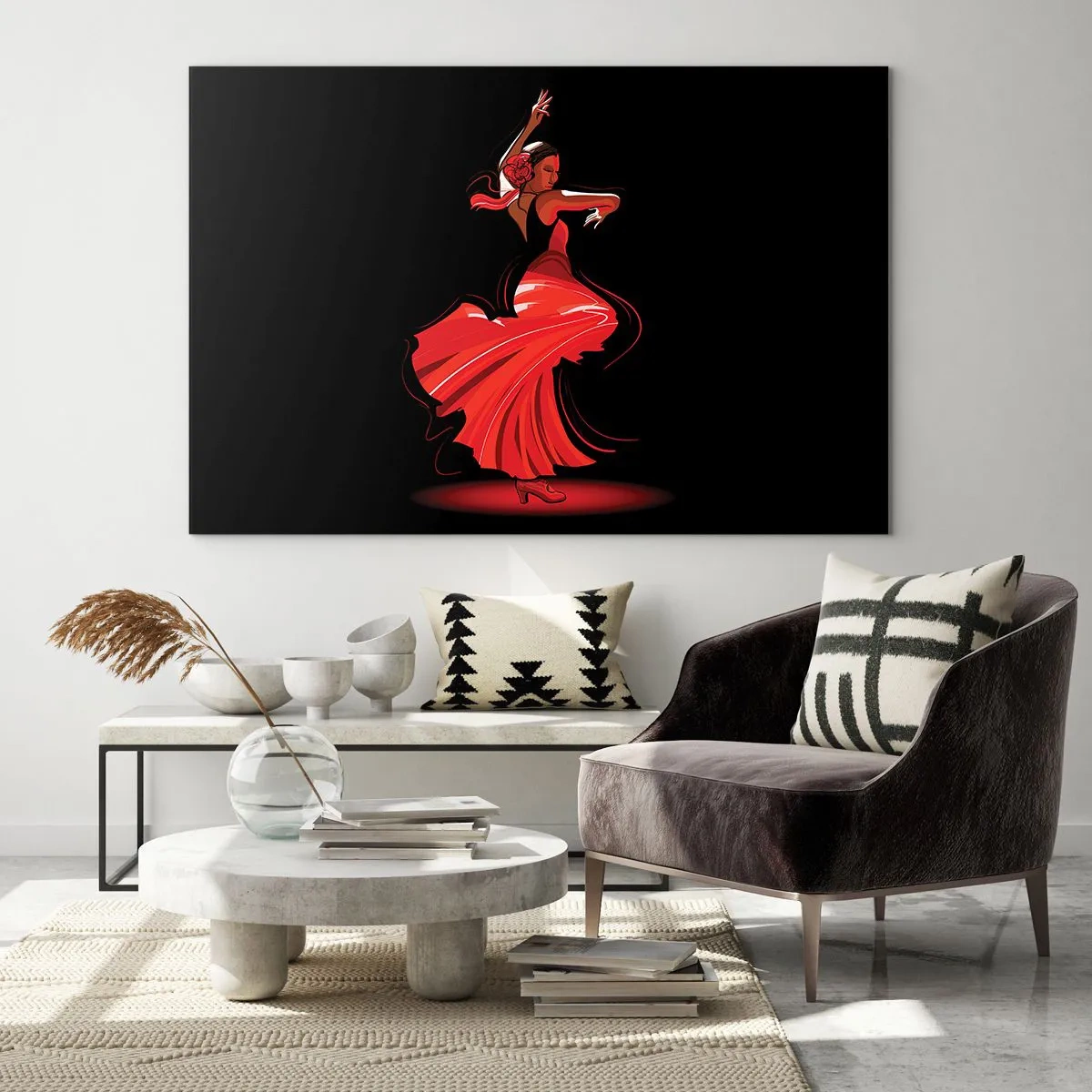 Cuadro sobre vidrio - Impresiones sobre Vidrio - Bailaora de flamenco con vestido rojo sobre fondo negro - 70x50cm - El espíritu ardiente del flamenco - Decoración de pared moderna para salón y dormitorio ARTTOR