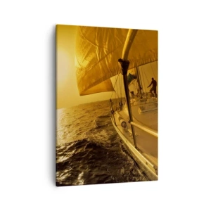 Cuadro sobre lienzo - Impresión de Imagen - Velero en el mar durante la puesta de sol, resplandor dorado. - 50x70cm - Atardecer dorado tras un día multicolor - Decoración de pared moderna para salón y dormitorio ARTTOR