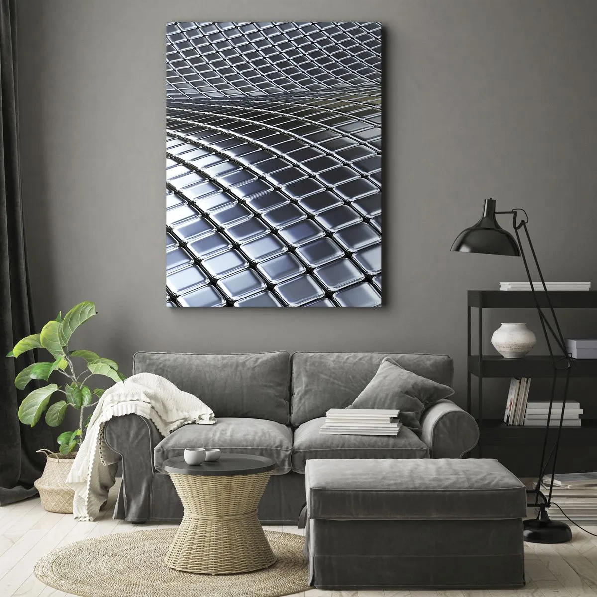 Cuadro sobre lienzo - Impresión de Imagen - Estructura moderna de cuadrados metálicos. - 80x120cm - Ola de plata - Decoración de pared moderna para salón y dormitorio ARTTOR