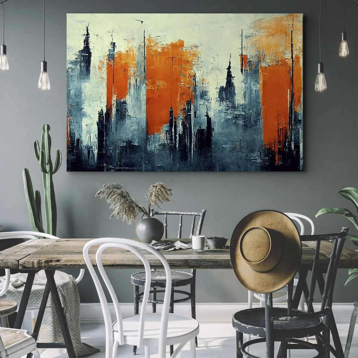 Cuadro sobre lienzo - Impresión de Imagen - Paisaje urbano abstracto en tonos naranja y azul. - 70x50cm - Paisaje moderno - Decoración de pared moderna para salón y dormitorio ARTTOR