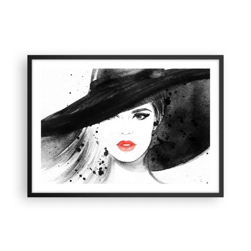 Póster en marco negro - Retrato de una mujer con sombrero y labios rojos. - 70x50cm - Dama de negro - Decoración de pared moderna para salón y dormitorio ARTTOR