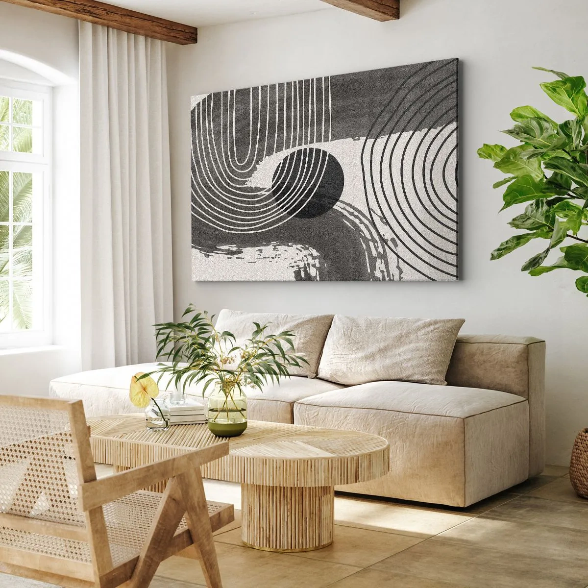 Cuadro sobre lienzo - Impresión de Imagen - Líneas geométricas y óvalos en tonos monocromáticos. - 70x50cm - La victoria del óvalo - Decoración de pared moderna para salón y dormitorio ARTTOR