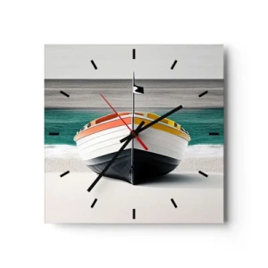 Reloj de pared - Reloj de vidrio - Un barco en la playa con un mar turquesa al fondo. - 30x30cm - En su lugar exacto - Decoración de pared moderna para salón y dormitorio ARTTOR