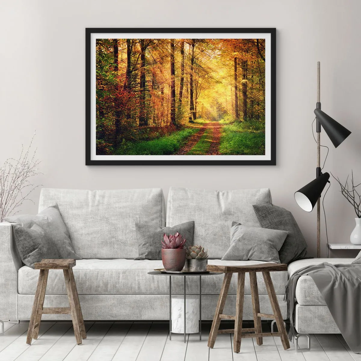 Póster en marco negro - Un sendero forestal rodeado de árboles dorados y verdes. - 100x70cm - Silencio dorado del bosque - Decoración de pared moderna para salón y dormitorio ARTTOR