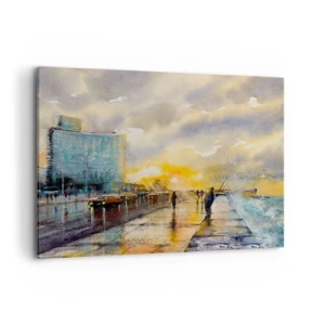 Cuadro sobre lienzo - Impresión de Imagen - Una vista pintoresca del paseo marítimo al atardecer. - 100x70cm - Vida en la orilla - Decoración de pared moderna para salón y dormitorio ARTTOR