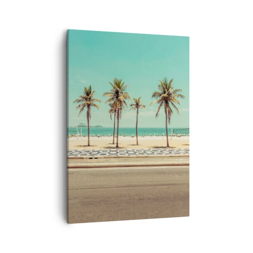 Cuadro sobre lienzo - Impresión de Imagen - Palmeras en la playa con vistas al mar y al cielo azul. - 50x70cm - En la playa - Decoración de pared moderna para salón y dormitorio ARTTOR
