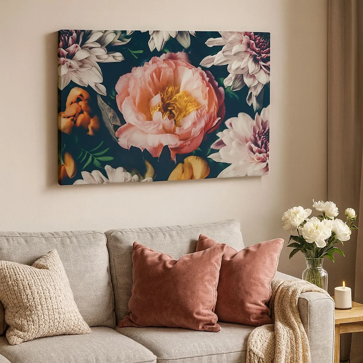 Cuadro sobre lienzo - Impresión de Imagen - Arreglo floral con peonías y crisantemos sobre fondo oscuro. - 70x50cm - Con esplendor barroco - Decoración de pared moderna para salón y dormitorio ARTTOR