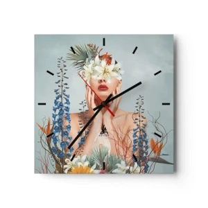 Reloj de pared - Reloj de vidrio - Retrato de una mujer con un motivo floral sobre un fondo azul. - 30x30cm - Mujer-flor - Decoración de pared moderna para salón y dormitorio ARTTOR