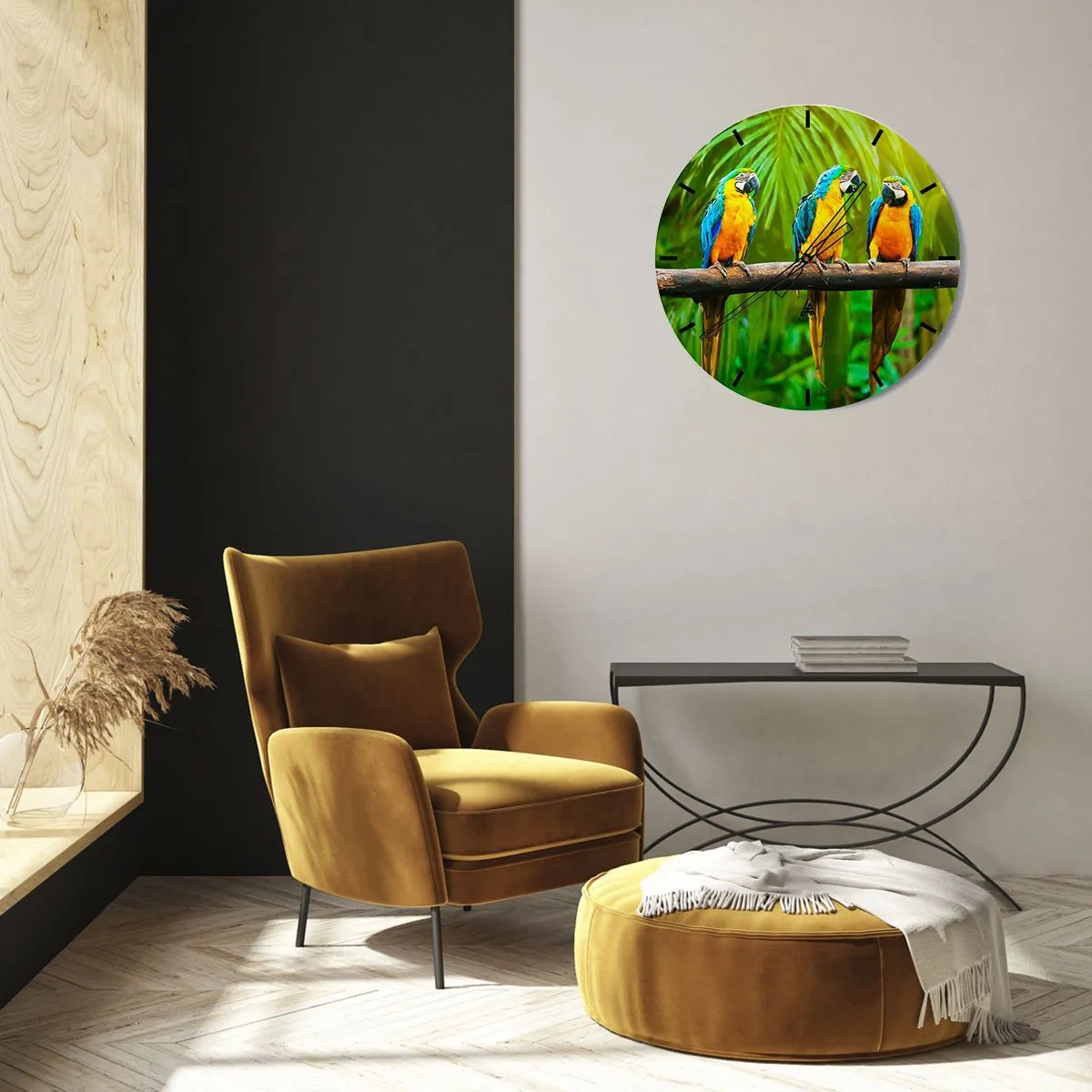 Reloj de pared - Reloj de vidrio - Tres loros guacamayos en una rama en un entorno tropical. - 30x30cm - ¿Y has oído que ella...? - Decoración de pared moderna para salón, cocina y dormitorio ARTTOR