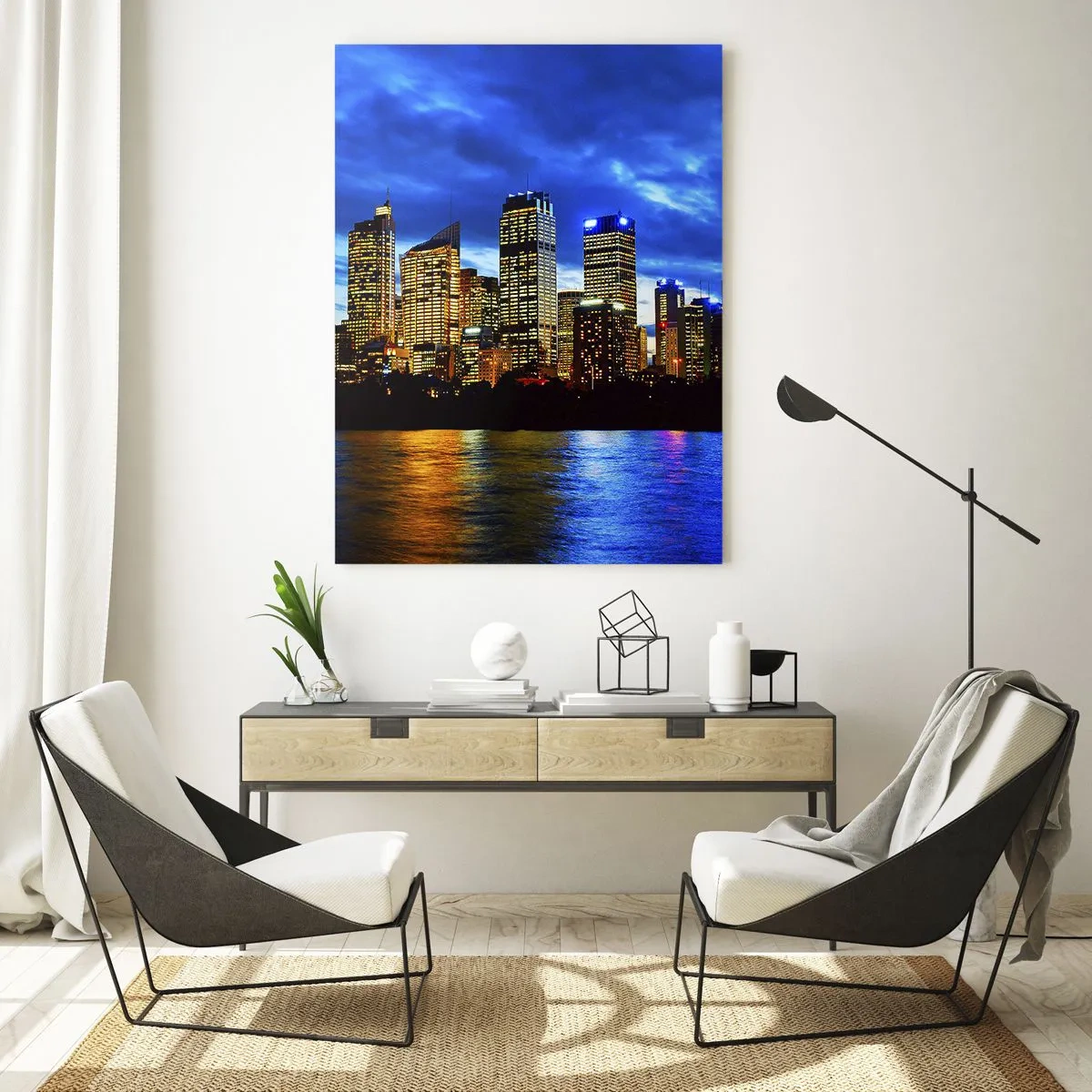 Cuadro sobre vidrio - Impresiones sobre Vidrio - Panorama de la ciudad nocturna con rascacielos iluminados sobre el agua. - 70x100cm - Noche de luces y colores - Decoración de pared moderna para salón y dormitorio ARTTOR