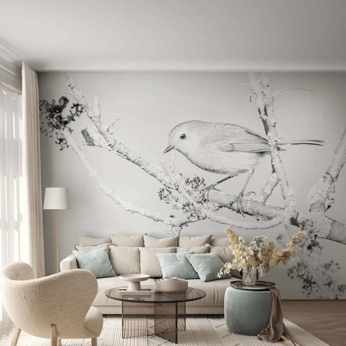 Fotomural Premium Sand - Un pájaro en una rama en un paisaje invernal en blanco y negro. - 100x70cm - Mañana de invierno - Decoración de pared moderna para salón y dormitorio ARTTOR