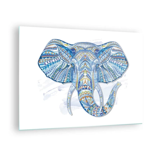 Cuadro sobre vidrio - Impresiones sobre Vidrio - Elefante azul en estilo artístico con patrones geométricos. - 70x50cm - Con incrustaciones de oro y azul - Decoración de pared moderna para salón y dormitorio ARTTOR
