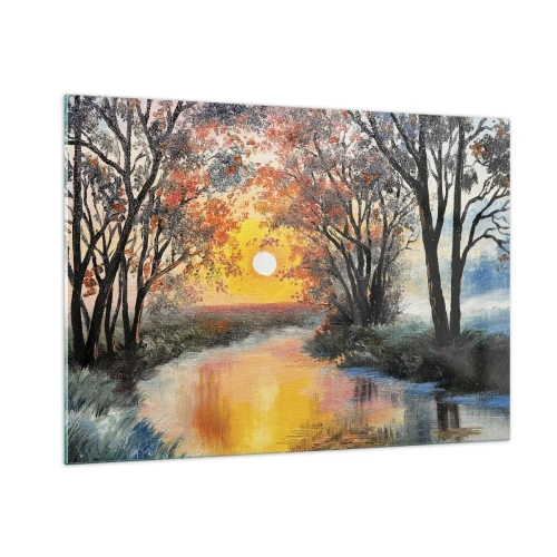 Cuadro sobre vidrio - Impresiones sobre Vidrio - Puesta de sol sobre el río entre los árboles. - 100x70cm - Ambiente otoñal - Decoración de pared moderna para salón y dormitorio ARTTOR