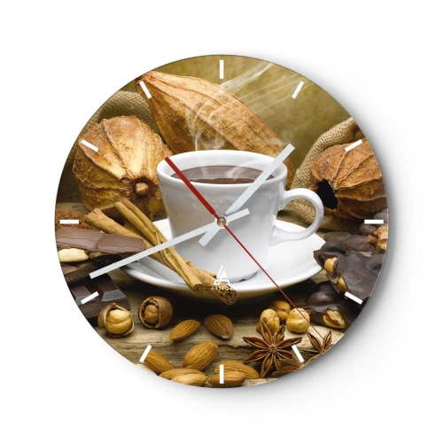 Reloj de pared - Reloj de vidrio - Una taza de chocolate caliente con especias y granos de cacao. - 30x30cm - Para los que buscan emociones - Decoración de pared moderna para salón, cocina y dormitorio ARTTOR