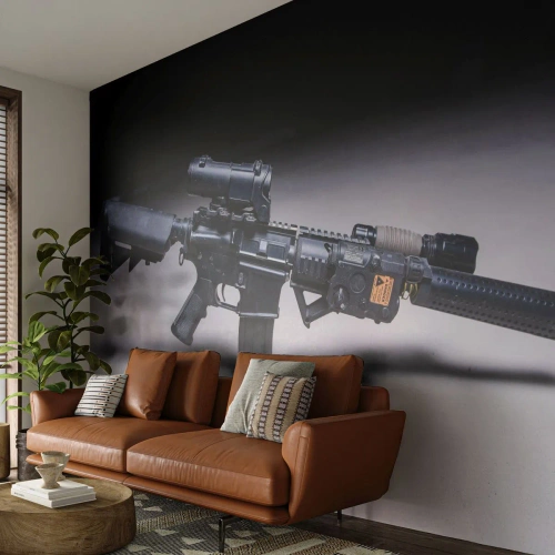 Fotomural Premium Sand - Rifle táctico con silenciador y óptica. - 100x70cm - Un caballero oscuro - Decoración de pared moderna para salón y dormitorio ARTTOR