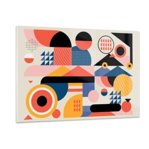 Cuadro sobre vidrio - Impresiones sobre Vidrio - Abstracción geométrica colorida con círculos y triángulos. - 120x80cm - Composición: juegos - Decoración de pared moderna para salón y dormitorio ARTTOR