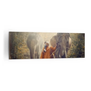 Cuadro sobre lienzo - Impresión de Imagen - Un monje con una túnica naranja guía un elefante en el bosque. - 160x50cm - Comprensión total - Decoración de pared moderna para salón y dormitorio ARTTOR