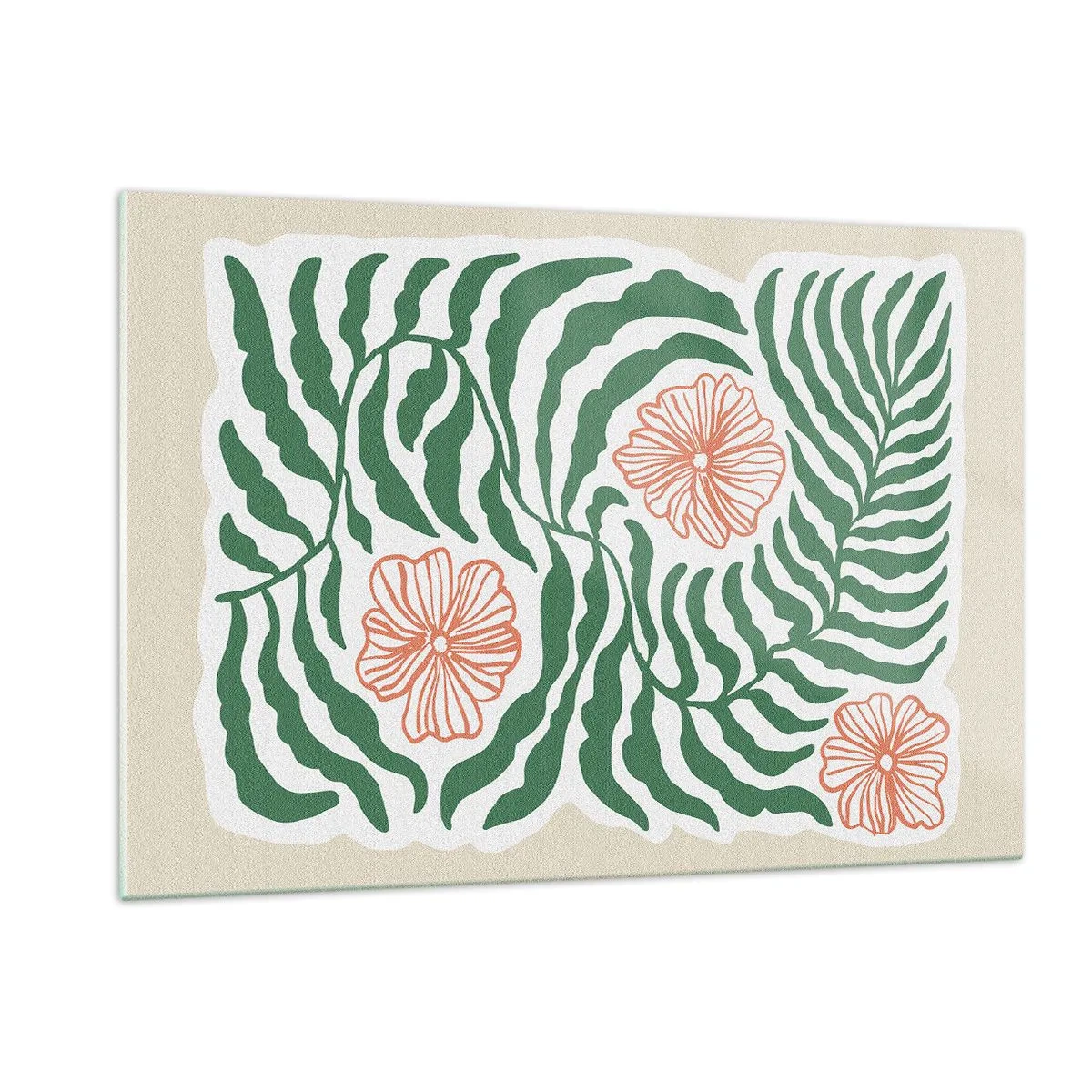 Cuadro sobre vidrio - Impresiones sobre Vidrio - Hojas verdes y flores rojas en un arreglo gráfico. - 120x80cm - Florecido en verde - Decoración de pared moderna para salón y dormitorio ARTTOR