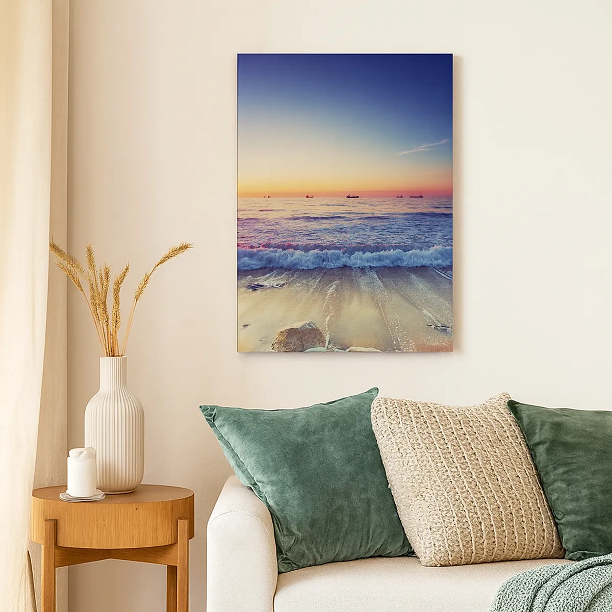 Cuadro sobre lienzo - Impresión de Imagen - Puesta de sol sobre un mar tranquilo con olas - 50x70cm - ¿Y qué hay tras el horizonte? - Decoración de pared moderna para salón y dormitorio ARTTOR