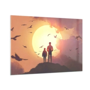 Cuadro sobre vidrio - Impresiones sobre Vidrio - Figuras de un padre y un hijo de pie contra el fondo del sol poniente y pájaros volando. - 100x70cm - Cara a cara con el sol - Decoración de pared moderna para salón y dormitorio ARTTOR
