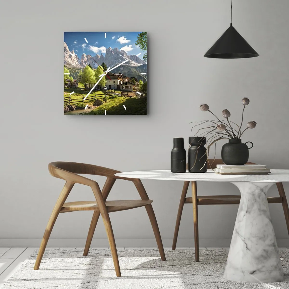 Reloj de pared - Reloj de vidrio - Un pueblo de montaña con casas y vistas a los Alpes. - 30x30cm - Idilio alpino - Decoración de pared moderna para salón y dormitorio ARTTOR