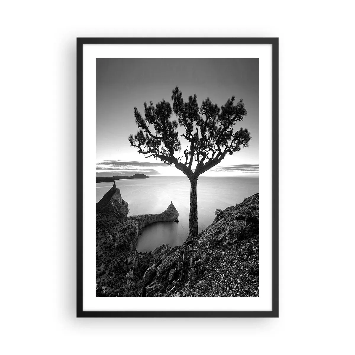 Póster en marco negro - Paisaje en blanco y negro con un árbol solitario sobre un acantilado. - 50x70cm - Calma hasta el horizonte - Decoración de pared moderna para salón y dormitorio ARTTOR