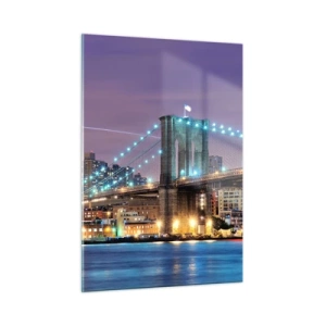 Cuadro sobre vidrio - Impresiones sobre Vidrio - Puente de Brooklyn de noche con las torres y la ciudad iluminada - 50x70cm - Durante muchos años, el puente de Brooklyn - Decoración de pared moderna para salón y dormitorio ARTTOR