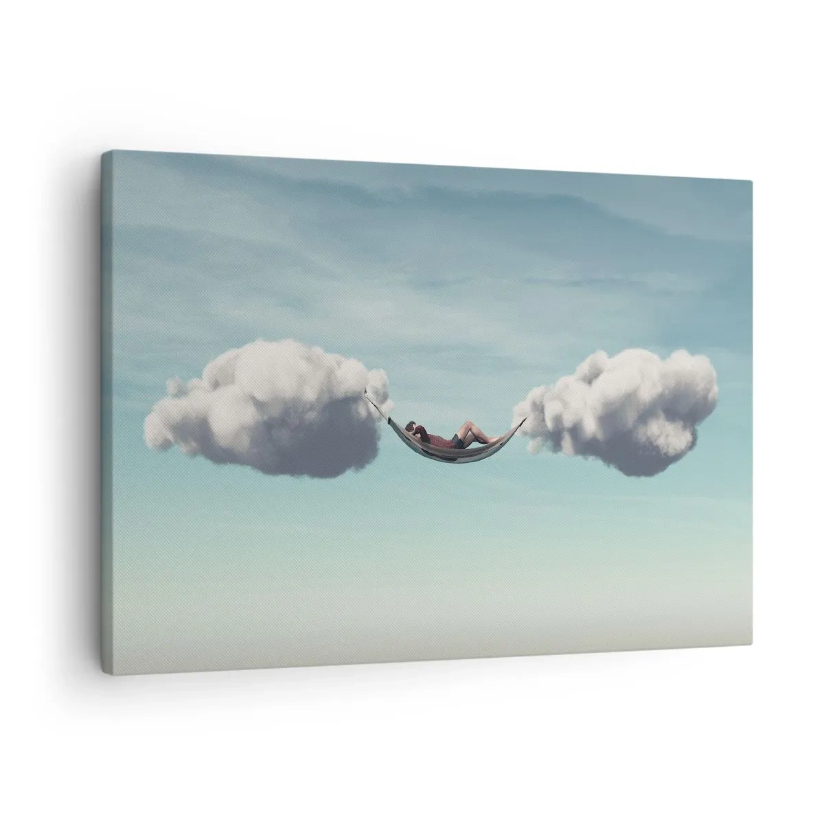 Cuadro sobre lienzo - Impresión de Imagen - Una persona relajándose en una hamaca suspendida en las nubes. - 70x50cm - La felicidad del momento - Decoración de pared moderna para salón y dormitorio ARTTOR