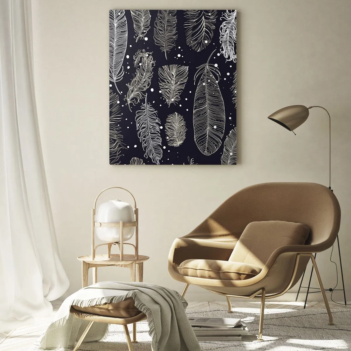 Cuadro sobre vidrio - Impresiones sobre Vidrio - Plumas blancas sobre fondo negro con detalles sutiles. - 50x70cm - Encaje de plumas - Decoración de pared moderna para salón y dormitorio ARTTOR