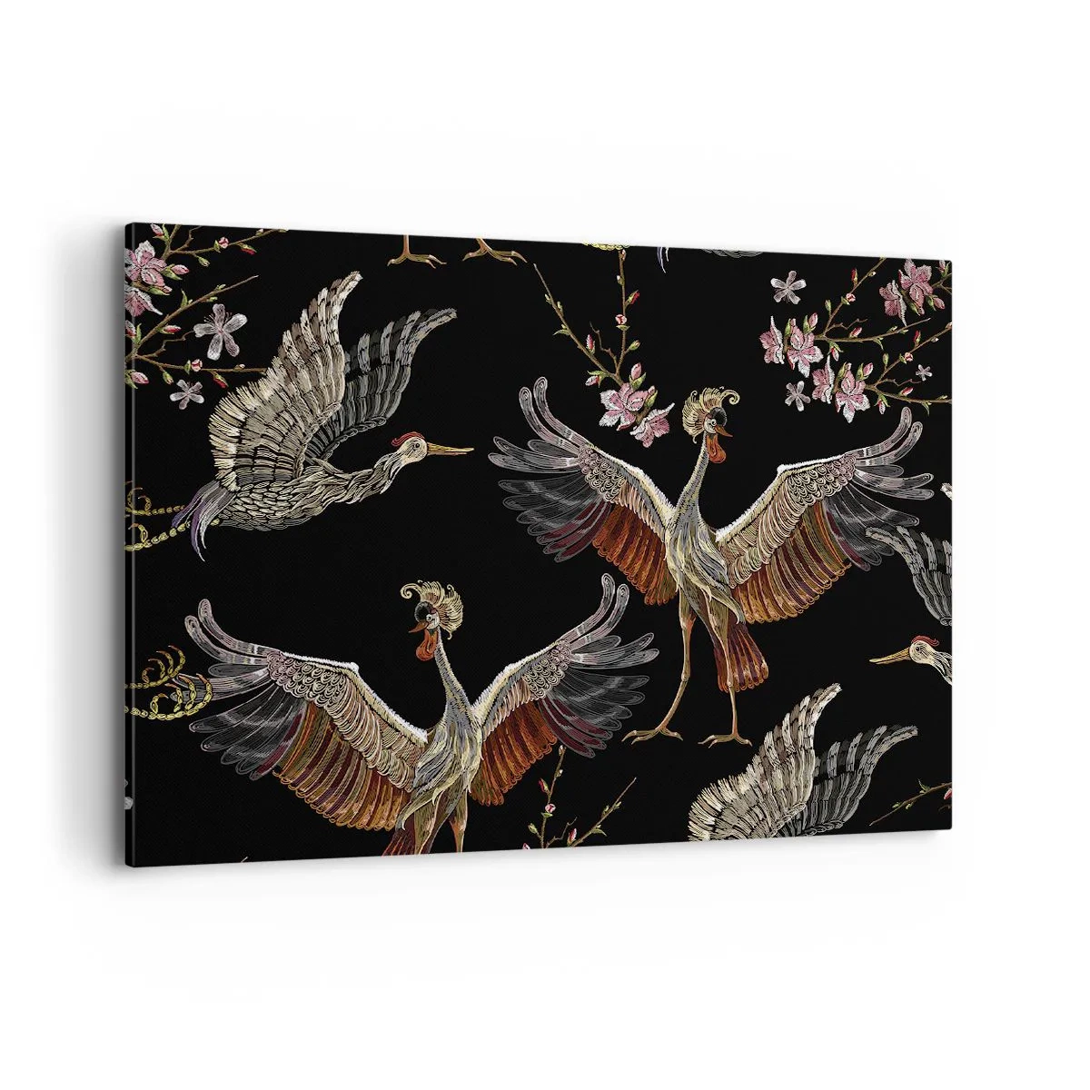 Cuadro sobre lienzo - Impresión de Imagen - Grullas y flores elegantes sobre un fondo negro. - 100x70cm - Aves de cuento de hadas - Decoración de pared moderna para salón y dormitorio ARTTOR