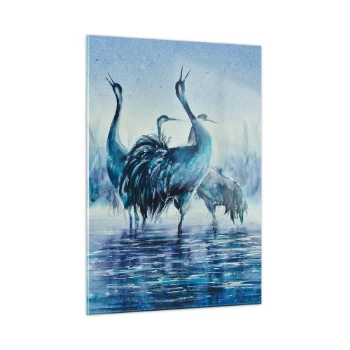 Cuadro sobre vidrio - Impresiones sobre Vidrio - Pájaros vadeando en agua azul - 50x70cm - Reunión matinal - Decoración de pared moderna para salón y dormitorio ARTTOR