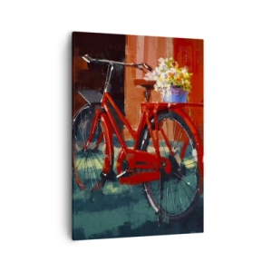 Cuadro sobre lienzo - Impresión de Imagen - Una bicicleta roja con flores contra una pared naranja. - 50x70cm - Quiero ir en bicicleta - Decoración de pared moderna para salón y dormitorio ARTTOR