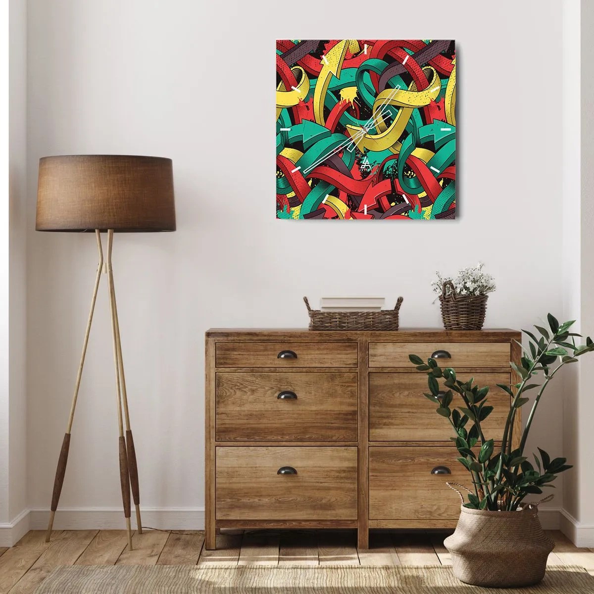 Reloj de pared - Reloj de vidrio - Flechas abstractas en colores vibrantes que crean caos. - 30x30cm - ¿Qué camino tomar? - Decoración de pared moderna para salón y dormitorio ARTTOR