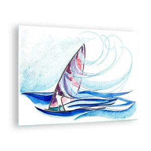Cuadro sobre vidrio - Impresiones sobre Vidrio - Un velero sobre las olas en estilo acuarela. - 70x50cm - Con el viento al ritmo de las olas - Decoración de pared moderna para salón y dormitorio ARTTOR