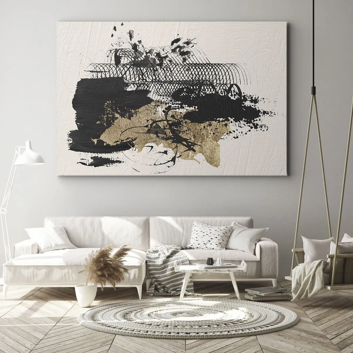 Cuadro sobre lienzo - Impresión de Imagen - Una pintura abstracta en negro y dorado con líneas y estructuras dinámicas. - 70x50cm - Composición con pasión - Decoración de pared moderna para salón y dormitorio ARTTOR