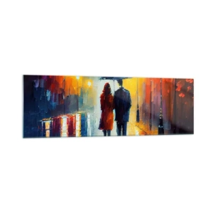 Cuadro sobre vidrio - Impresiones sobre Vidrio - Una pareja bajo un paraguas caminando por una colorida ciudad nocturna. - 160x50cm - Juntos en una noche llena de color - Decoración de pared moderna para salón y dormitorio ARTTOR