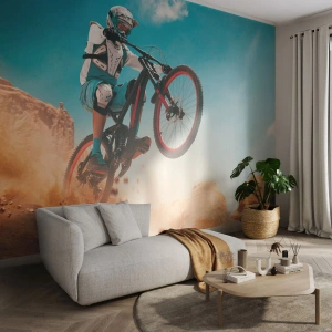 Fotomural Premium Canvas - Un ciclista de montaña realiza un salto con un telón de fondo de rocas. - 100x70cm - Locura sobre dos ruedas - Decoración de pared moderna para salón y dormitorio ARTTOR
