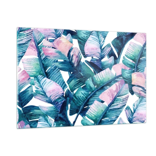 Cuadro sobre vidrio - Impresiones sobre Vidrio - Hojas de plátano en tonos pastel sobre un fondo blanco. - 120x80cm - En una plantación de plátanos - Decoración de pared moderna para salón y dormitorio ARTTOR