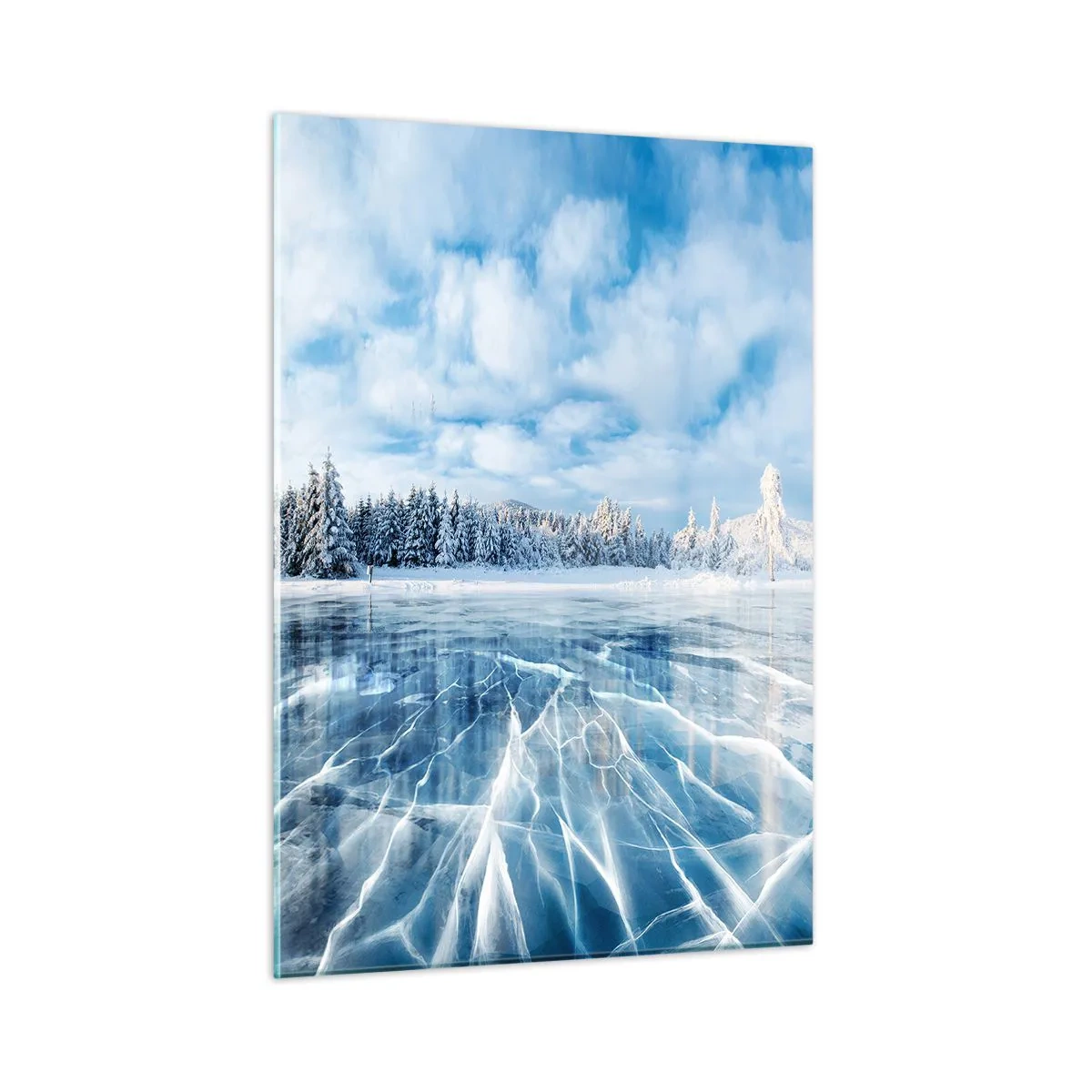 Cuadro sobre vidrio - Impresiones sobre Vidrio - Un lago congelado rodeado de un bosque invernal. - 50x70cm - Vista deslumbrante y cristalina - Decoración de pared moderna para salón y dormitorio ARTTOR