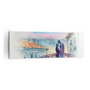 Cuadro sobre lienzo - Impresión de Imagen - Pareja romántica en un balcón con vistas a la ciudad. - 160x50cm - Los amantes de París - Decoración de pared moderna para salón y dormitorio ARTTOR