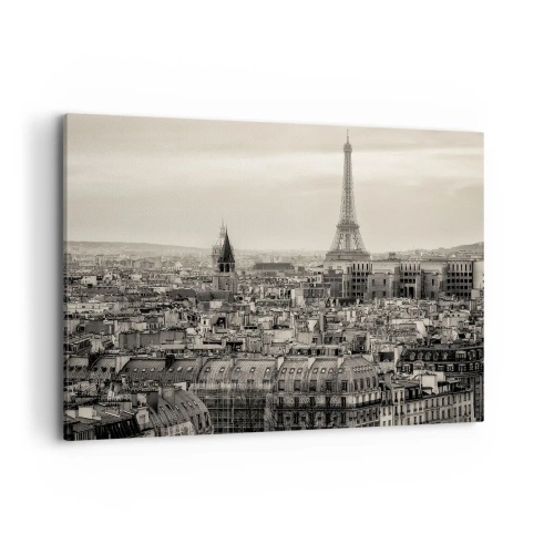 Cuadro sobre lienzo - Impresión de Imagen - Panorama de París con la Torre Eiffel en tonos sepia - 100x70cm - Sobre los tejados de París - Decoración de pared moderna para salón y dormitorio ARTTOR