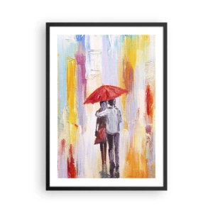 Póster en marco negro - Una escena romántica con una pareja bajo un paraguas rojo con el fondo de una ciudad. - 50x70cm - Que siga lloviendo - Decoración de pared moderna para salón y dormitorio ARTTOR