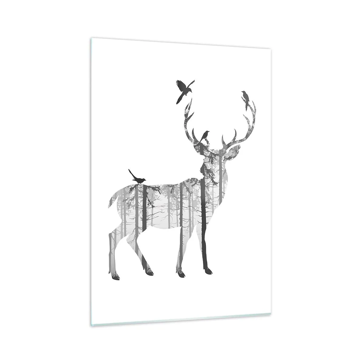 Cuadro sobre vidrio - Impresiones sobre Vidrio - Silueta gráfica de un ciervo con motivos forestales y pájaros. - 50x70cm - El buen espíritu del bosque - Decoración de pared moderna para salón y dormitorio ARTTOR