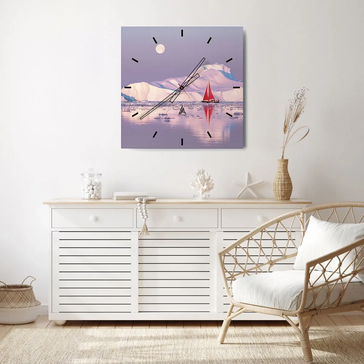 Reloj de pared - Reloj de vidrio - Una vela roja con el telón de fondo de montañas heladas y una luna llena. - 30x30cm - El calor de la vela, el frío del hielo - Decoración de pared moderna para salón y dormitorio ARTTOR