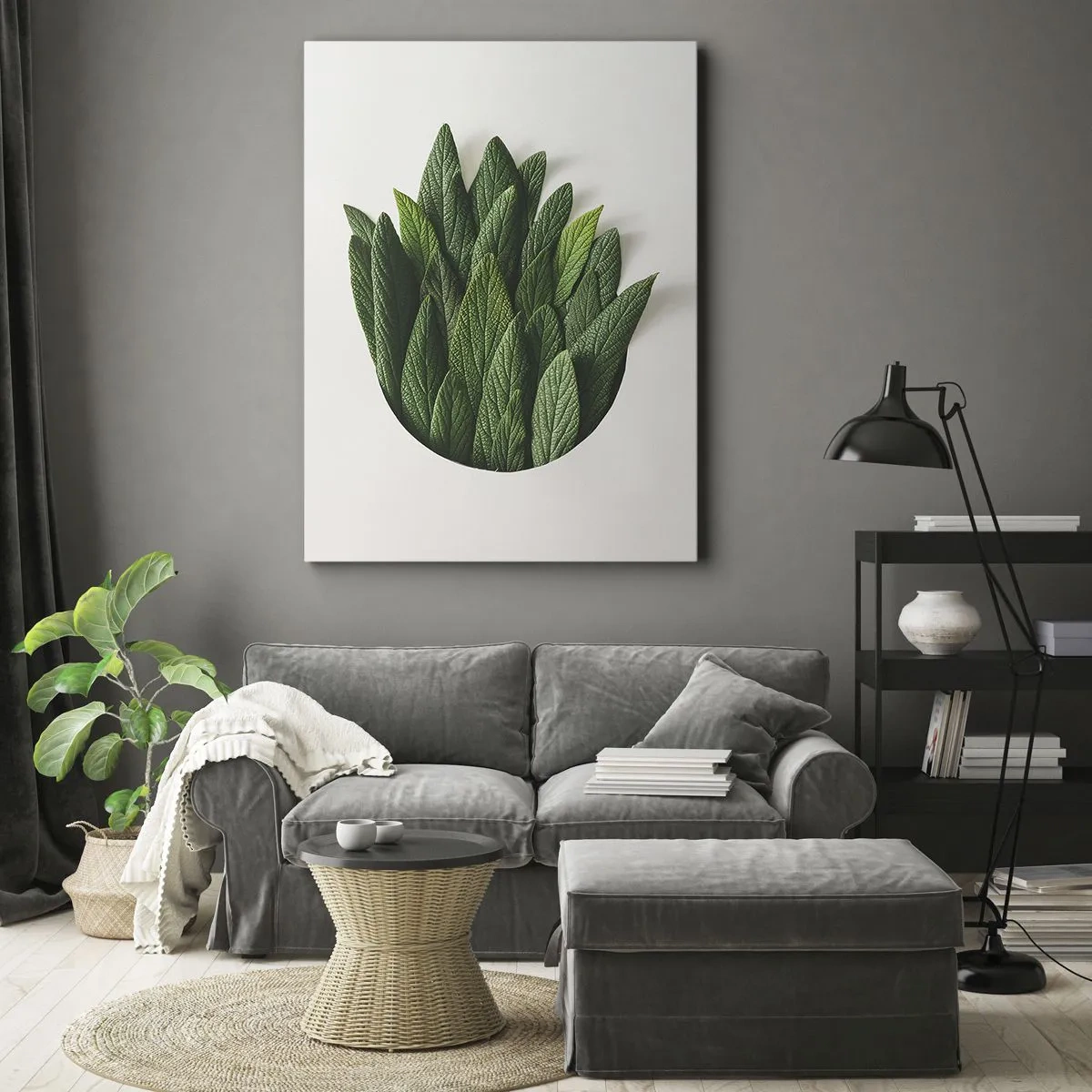Cuadro sobre lienzo - Impresión de Imagen - Una composición de hojas verdes sobre un fondo claro. - 50x70cm - Curiosidad desenfrenada - Decoración de pared moderna para salón y dormitorio ARTTOR