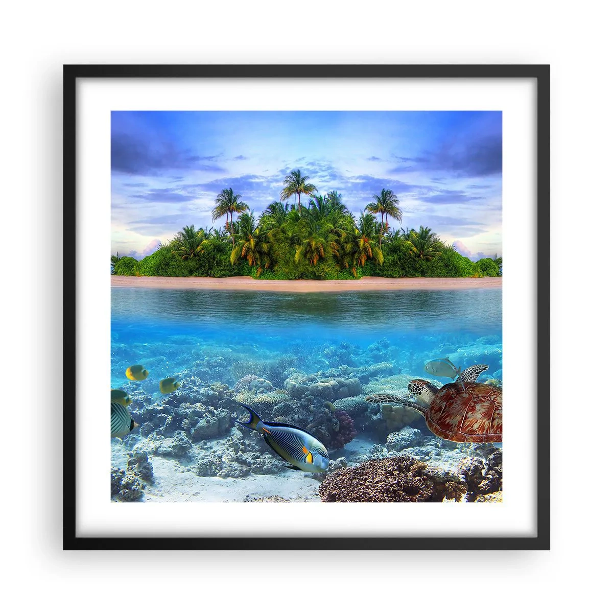 Póster en marco negro - Una isla paradisíaca te invita - 50x50 cm