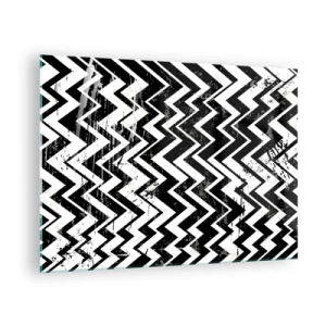 Cuadro sobre vidrio - Impresiones sobre Vidrio - Un patrón en zigzag en blanco y negro con una composición y textura dinámicas. - 70x50cm - Zig-blanco, zag-negro - Decoración de pared moderna para salón y dormitorio ARTTOR