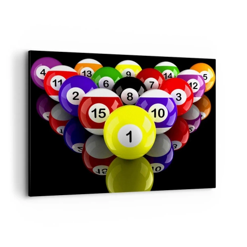 Cuadro sobre lienzo - Impresión de Imagen - Bolas de billar de colores dispuestas en un triángulo sobre un fondo negro - 100x70cm - Diferentes colores del juego - Decoración de pared moderna para salón y dormitorio ARTTOR